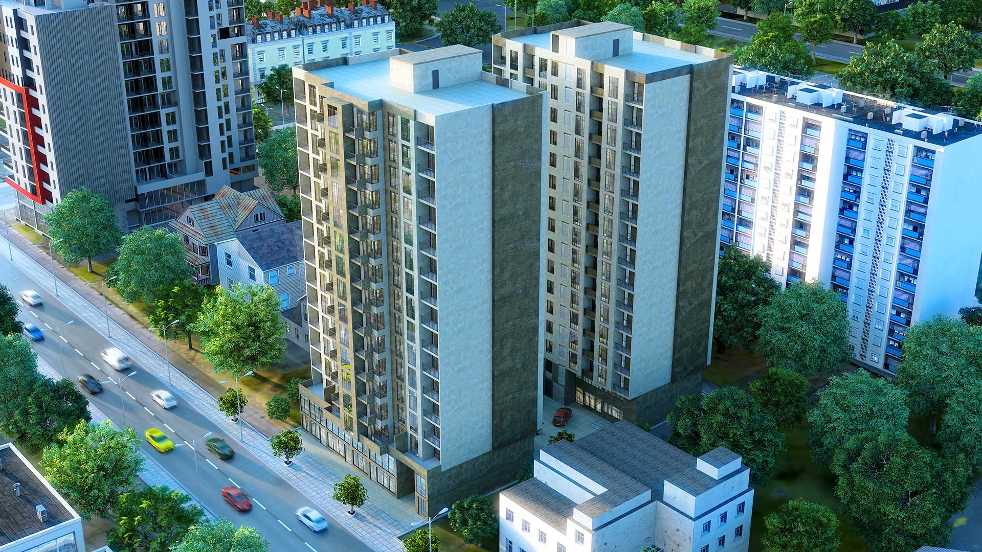 თვინსის ორივე კორპუსი — ხედი ზემოდან, დღისით